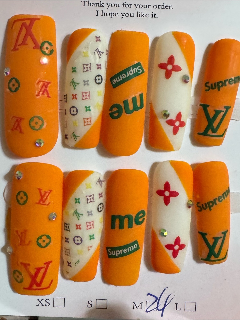 🧡 Orange Fashion LV Print Press-On Nails (Long Square)